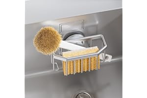 TAILI Sponge Holder with Strong Suction Cup, Dish Sponge Caddy Inside Sink Removable, Rustproof Aluminum for Brushes, Stopper