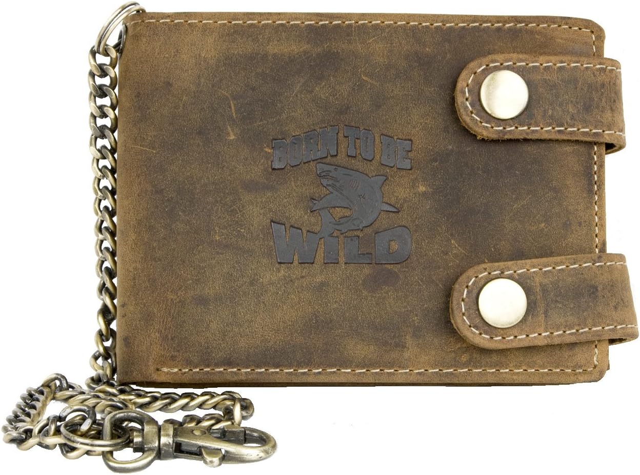 Men's Horizontal Natural Genuine Leather Wallet with Metal Chain with Shark