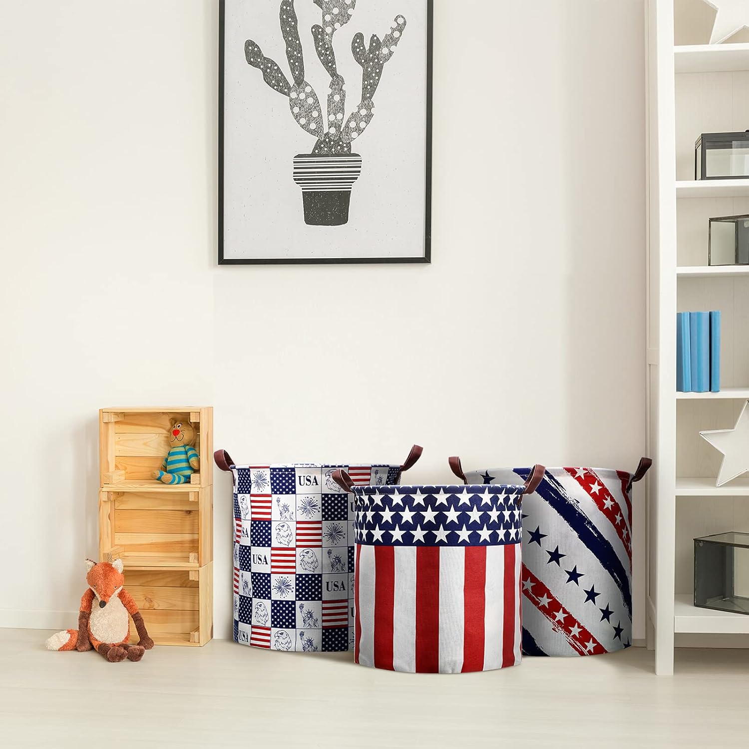 3 Pieces Large Laundry Basket with Handle American Star and Flag 4th of July Patriotic Collapsible Storage Basket Dirty Clothes Hamper for Bedroom: Home Improvement