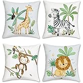 Bonhause Animals Print Throw Pillow Covers 18 x 18 Inch Set of 4 Monkey Giraffe Lion Zebra Toucan Palm Tree Soft Velvet Decorative Pillow Cases for Couch Sofa Bed Kids Room Decor