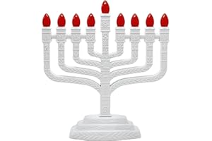 12 Tribes LED Electric Menorah with Orange E12 Bulbs - Knesset Style White Chanukiah Electronic USB Hanukkah Lights Hanukkiah by Aviv Judaica