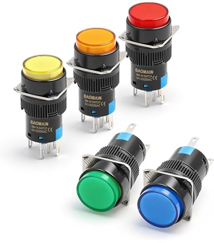 BAOMAIN 5-Pack 16mm Latching Blue 12V LED Round Cap Switch | 5/8
