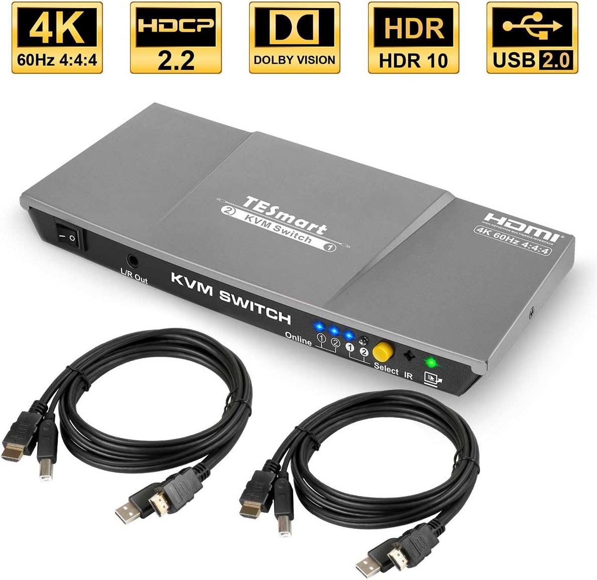 TESmart 4K@60Hz 2 Ports HDMI KVM Switch USB 2.0 Port with Audio Output and Remote Control