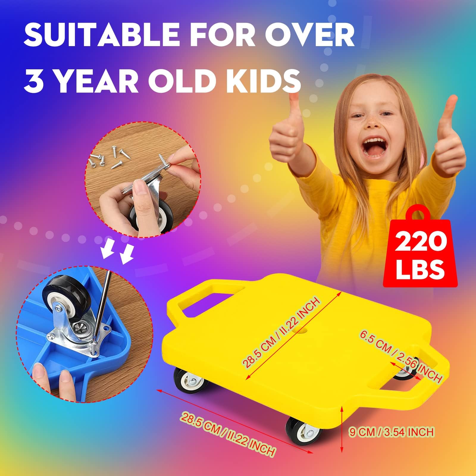 4 Pcs Sports Scooter Board with Handles Sitting Scooter Board Colored Plastic Casters Sport Floor Scooter Board Children Gym Indoor Outdoor Activities Play Equipment