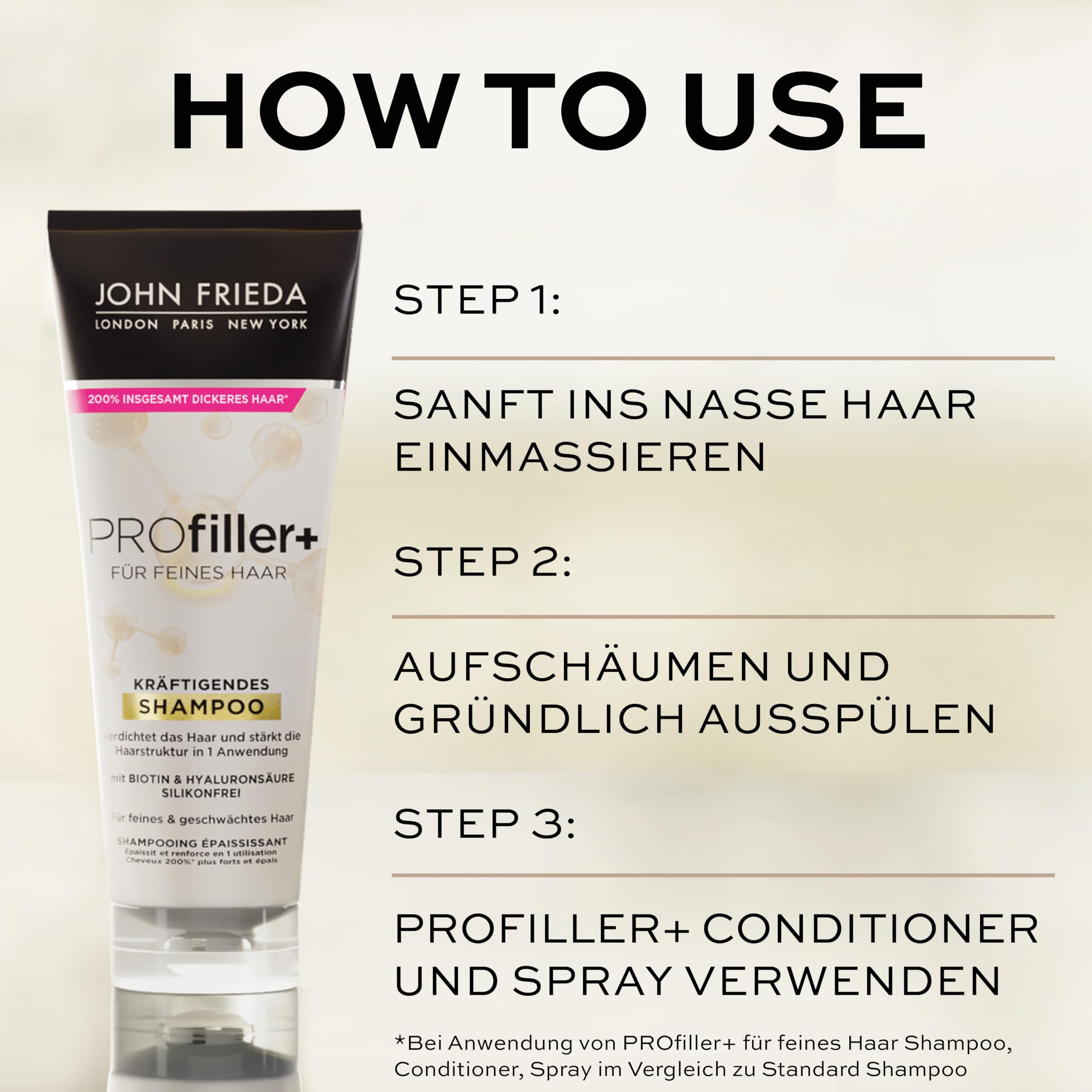 John Frieda Profiller+ Vorteils-Set - Inhalt: Shampoo, 250ml + Conditioner, 250ml + Kräftigendes Spray, 150ml - Für feines Haar - Mit Biotin & Hyaluronsäure 5