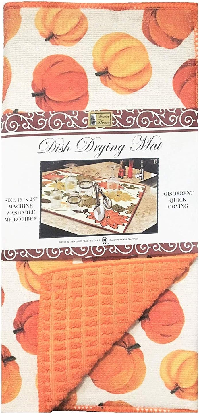 Harvest Season Microfiber Dish Drying Mat, 16" x 24" Absorbent Quick Drying, Fine Cushioned Fabric (Pumpkin)