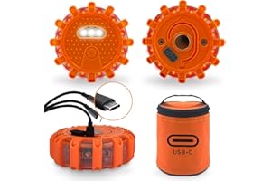Ecoangel USB-C Rechargeable LED Road Flares Emergency Lights-Large Capacity (Lithium Battery) 3 in 1 Cable Roadside Warning Car Safety Beacon Flashing Disc Kit with Magnetic Base for Vehicles