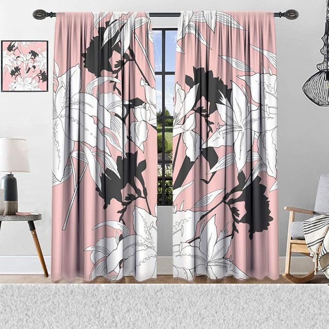 Yahonwa Floral Bedroom Curtains, Floral Hand Drawn Pattern