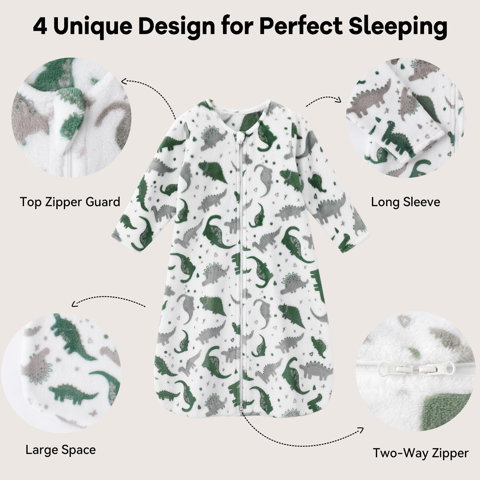 Unnivoll Unnivoll Fleece Baby Sleep Sack 6-12 Months Long Sleeve 2.0 Tog Baby Wearable Blanket with 2-Way Zipper Warm Sleeping Sack for Toddler Infant Newborn - Medium Grey White Dinosaur