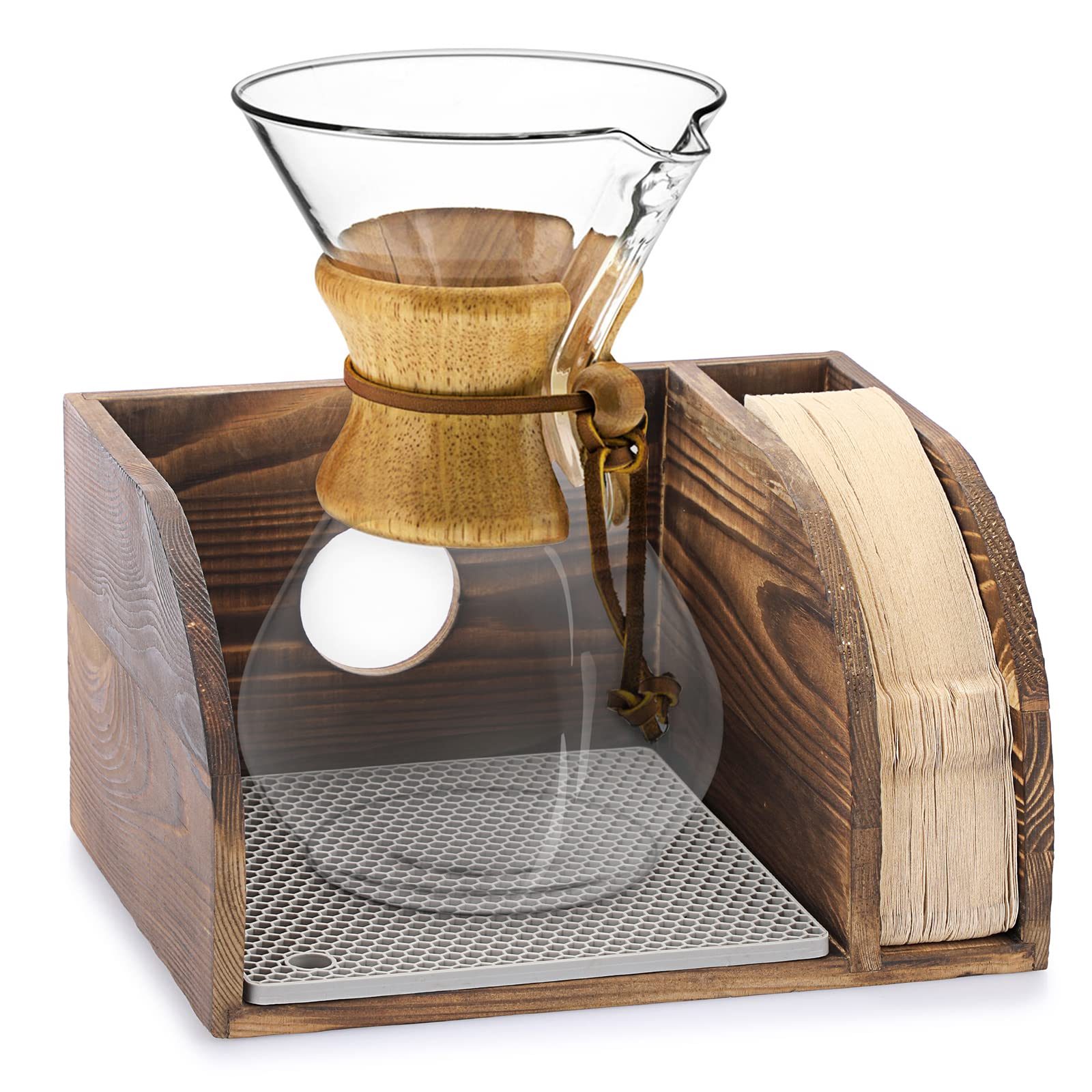 Photo 1 of ELLDOO Vintage Wood Coffee Organizer Stand, Compatible with Chemex Coffee Makers, Holds Coffee Maker and Coffee Paper Filters, Fits Collar and Handle Carafes, with Grey Silicone Dripper Mat