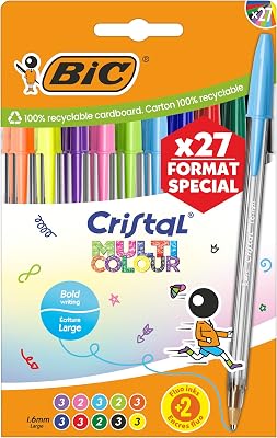 Cristal Multicolour Bolígrafos de Punta Ancha (1,6 mm) Set Formato Especial - Colores Clásicos, Neón y Divertidos Surtidos, Pack de 27