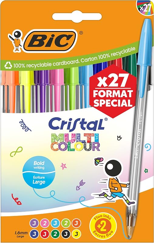 Cristal Multicolour Bolígrafos de Punta Ancha (1,6 mm) Set Formato Especial - Colores Clásicos, Neón y Divertidos Surtidos, Pack de 27