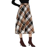 Xaatren Women's Long Plaid Skirt, High Elastic Waist Fall Winter A Line Pockets Flared Pleated Vintage Maxi Wool Zipper Skirt