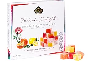 ÇEREZ PAZARI Cerez Pazari Turkish Delight With Rose, Orange, & Lemon Flavors, Gourmet Medium Size Snacks Gift Box, Traditional Confectionery Loukoumi, Vegan Candy Dessert Lokum, No Nuts, 16 oz.