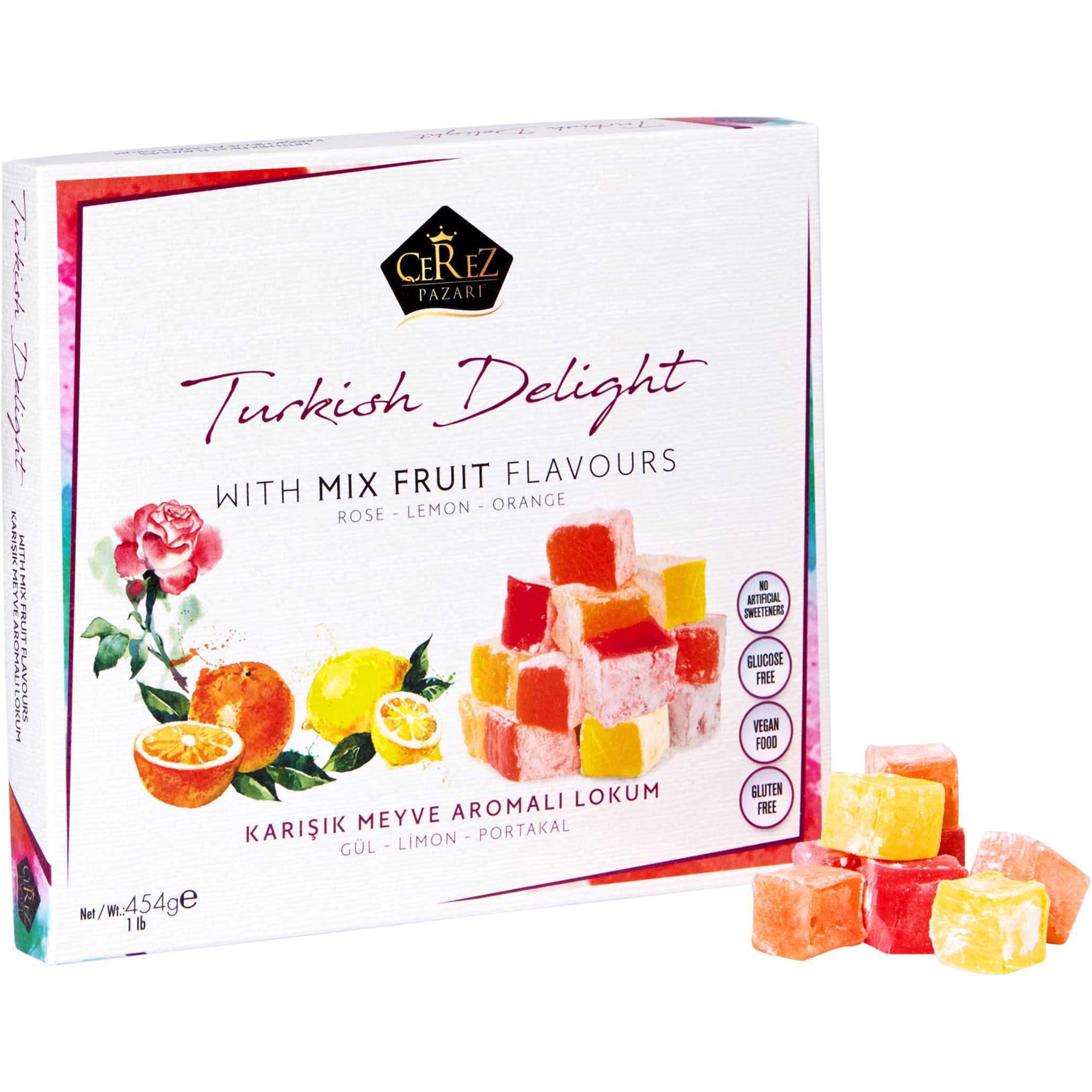 Cerez Pazari Turkish Delight with Fantastic Rose,Orange and Lemon Mix Flavors 454g (No Nuts) Luxury Lokum Candy Dessert Gourmet Box