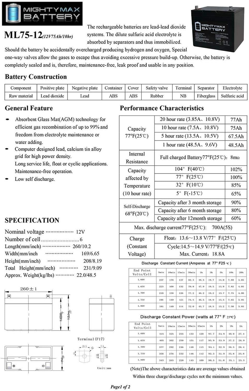 Mighty Max Battery 12V 75Ah SLA Battery for Wayne ESP25 Back-Up Pump Brand Product: Electronics