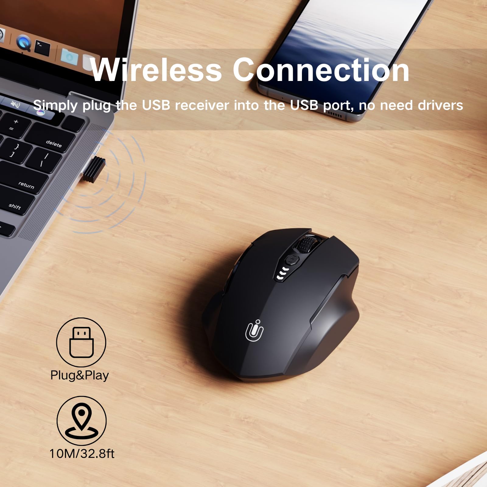 Uineer kabellose Maus, [Verbessert] Mit visueller Batterieanzeige, 2.4G USB Ergonomische Maus kabellos, 4 einstellbare DPI-Stufen,PC Mouse für Büro- oder Gaming,Mattschwarz 2