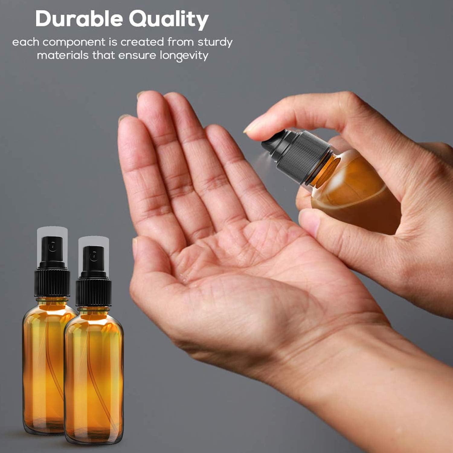 Nylea Small Glass Spray Bottles for Oil, Hair, Plants Water 2 oz | Empty Fine Mist and Refillable Mister Amber Mini Travel Size Bottle for Cleaning Solutions, Essential Oil Sprayer and Nozzle - 2 Pack
