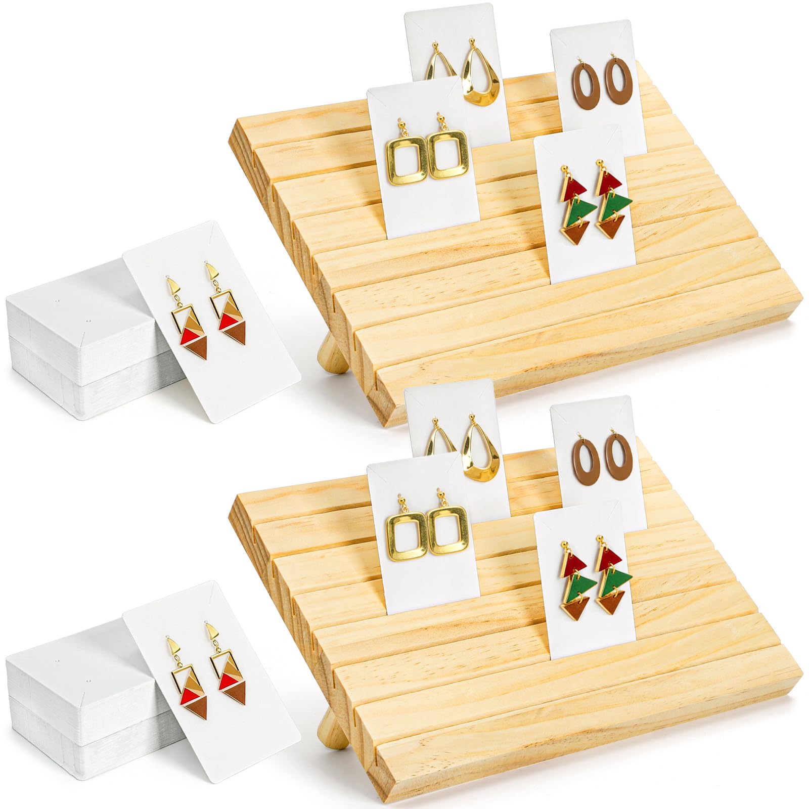 Elsjoy 2 Pack Wood Earring Display Stands with 200 Cards, Countertop Wooden Earring Display Holder for Selling, Adjustable Height
