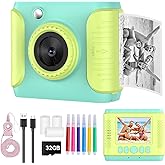 Kids Instant Print Camera,Christmas Birthday Gifts for Girls and Boys,1080P HD Video Digital Kids Camera with Print Paper&32G Card,Toddler Toy for 3-14 Years Old (Green)
