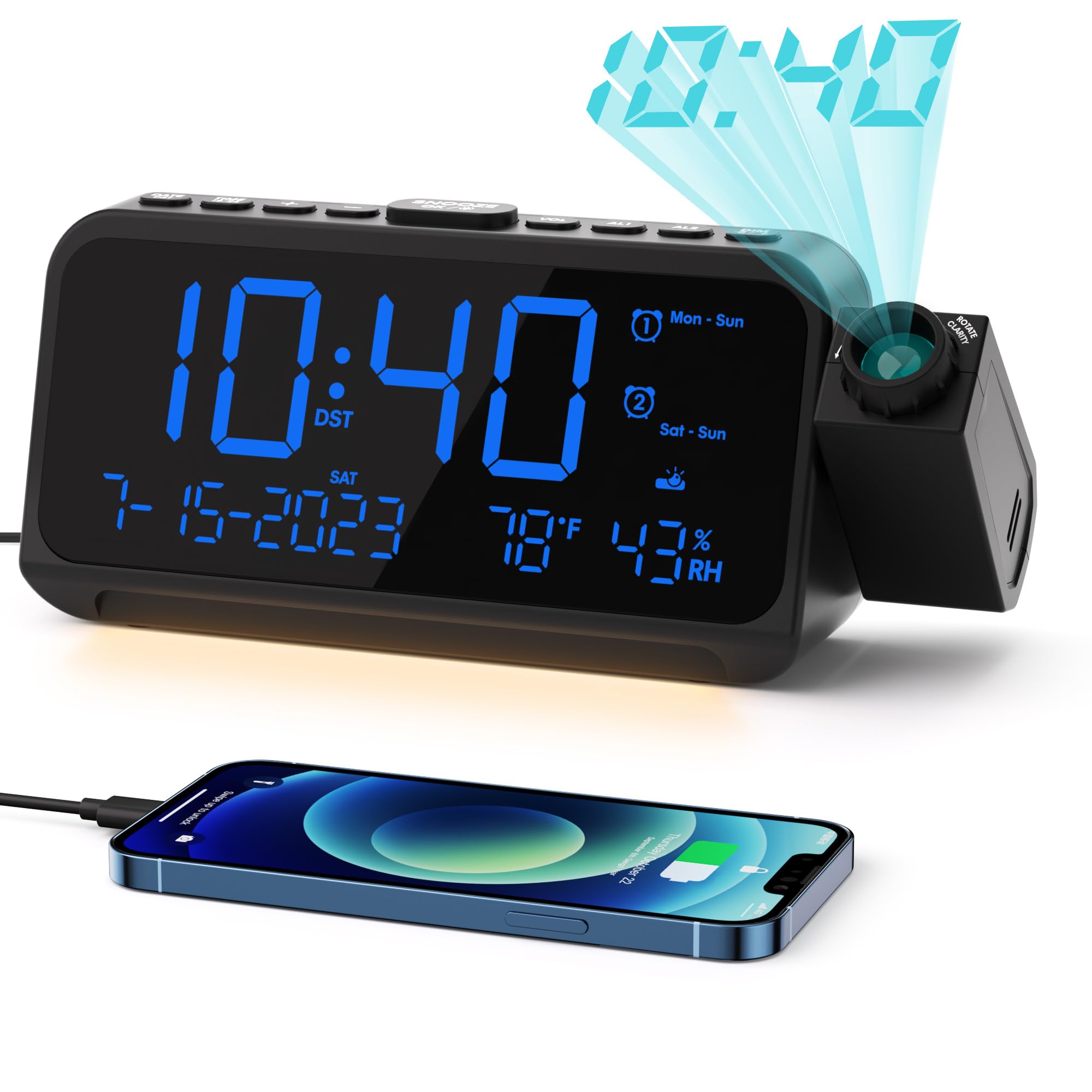 ROCAM Projection Alarm Clock for Bedroom, Digital