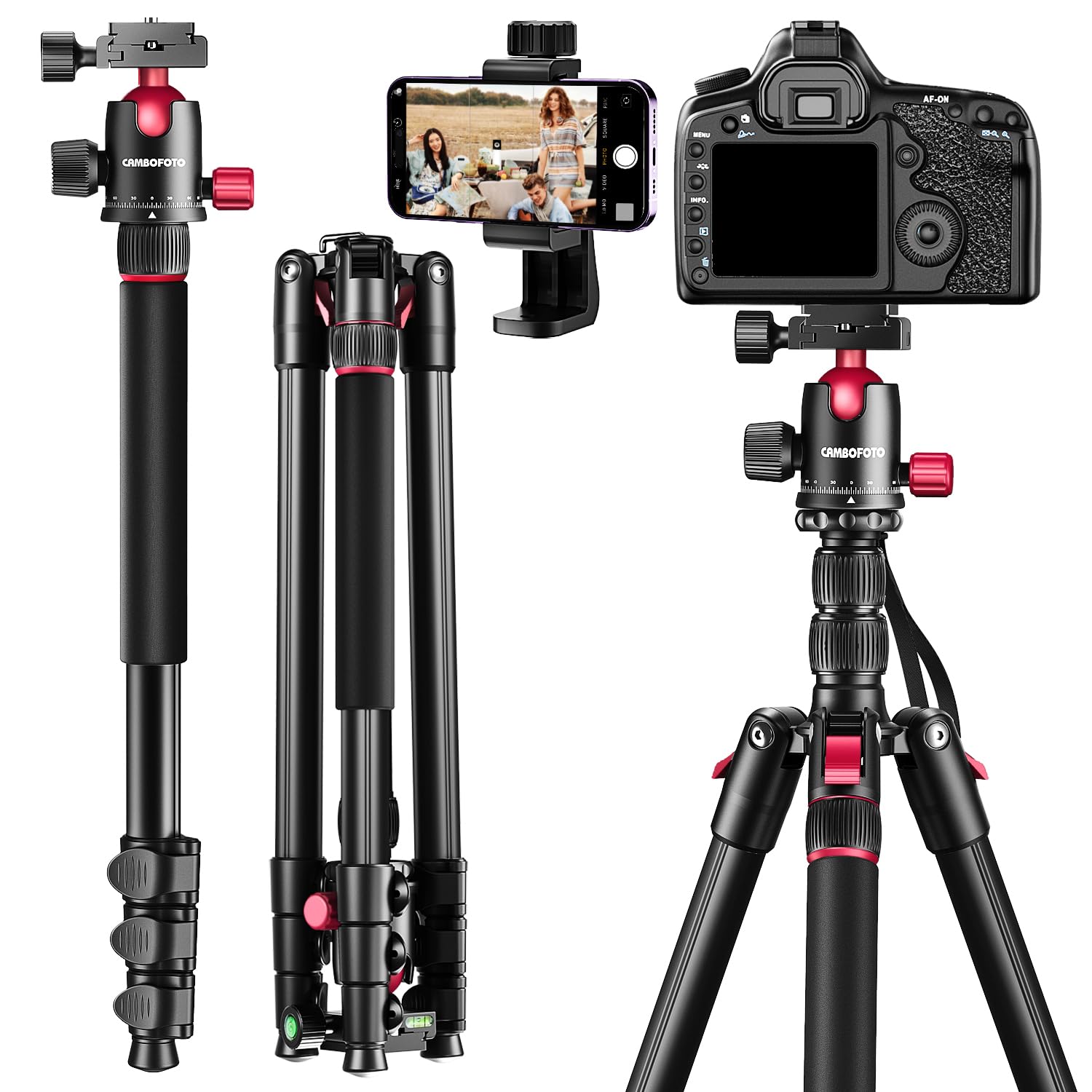 CAMBOFOTO 74 Inch Professional Camera Tripod, Portable Tripod 74"/Monopod 75" with 360 Degree Ball Head, Aluminum with iPad Holder and Carry Bag, Load Capacity 6kg