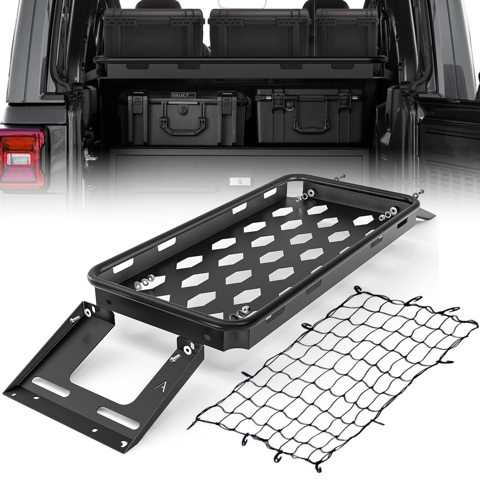Photo 1 of +++++CLOSED BY FACTORY+++XOOKUN Rear Trunk Cargo Rack Basket Capacity 350 LBS Compatible for 2007-2024 Jeep Wrangler JK JKU JL JLU Includes 4XE Models (4 Door Hardtops only) Interior Storage Luggage Carrier Rack Shelf