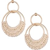 MINACHI Bohemian Raffia Tassel Dangle Drop Hoop Earrings, Boho Hippie Summer Beach Jewelry Gift for Women