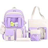HORHREAR Kawaii Backpack 5Pcs Set for School, Cute Clear Backpack Preppy with Aesthetics Pendant for Girls Boys Primary Bag