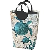 LIBIFALL Vintage Sea Turtle Large Laundry Basket Beach Decor Laundry Hamper Bag Collapsible Laundry Baskets Clothes Hamper with Handles Ocean Storage Baskets For Bathroom, Dorm, Family, 50L