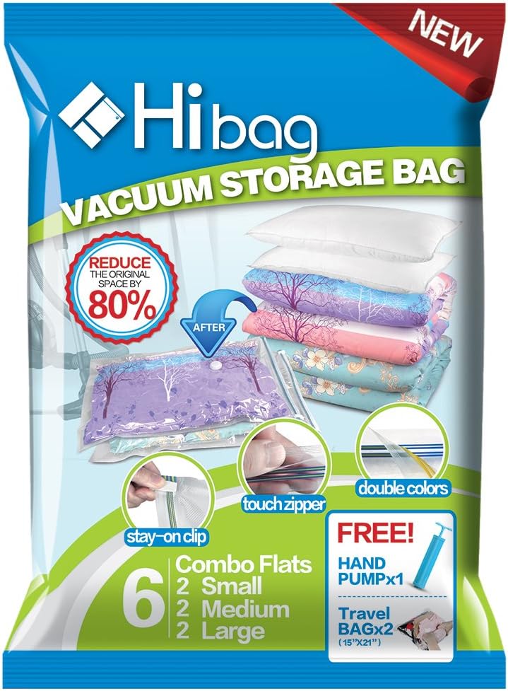 Premium Space Saver Bags, Hibag Pack of 6 Vacuum Compression Bags (2 X Small, 2 X Medium, 2 X Large) with 2 Free Roll Up Bags no Vacuum Needed and 1 Free Hand-Pump, Saving more 80% Storage S (6-combo)