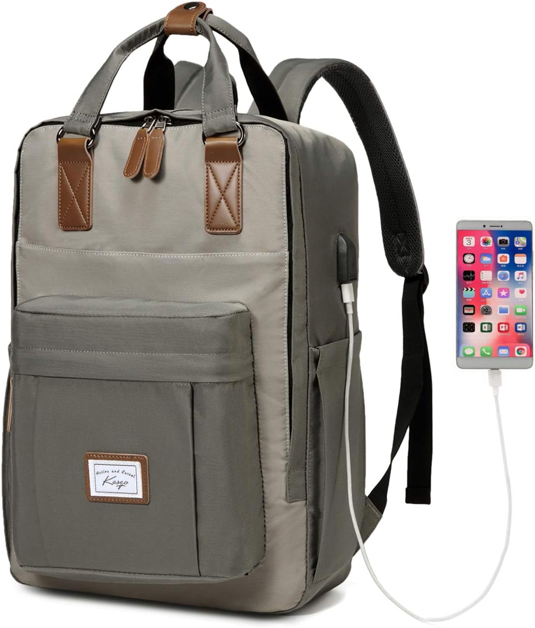 Kasgo School Backpack for Men Water Resistant 15.6 inch Laptop Rucksack with USB Charging Port Bookbag Casual Daypack for Women Teenagers College Travel Work (Grey)