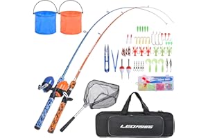 LEOFISHING Kids Fishing Pole Set with Full Starter Kits Portable Telescopic Fishing Rod and Spincast Reel with a Fishing Net and Bucket for Boys Girls and Youth