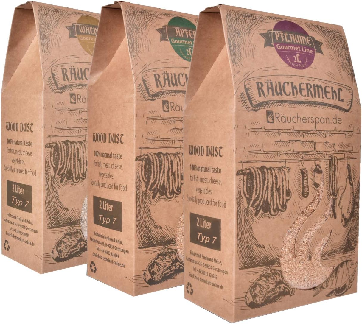 Räucherspan.de - aromatisches Räuchermehl Set - 1200g - 1-3mm Apfel, Pflaume und Walnuss zum Grillen und Räuchern