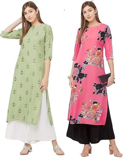 Womens Multicolor Printed Straight Kurta Pack of 02(Pista Kurta & Dabba-Pink)