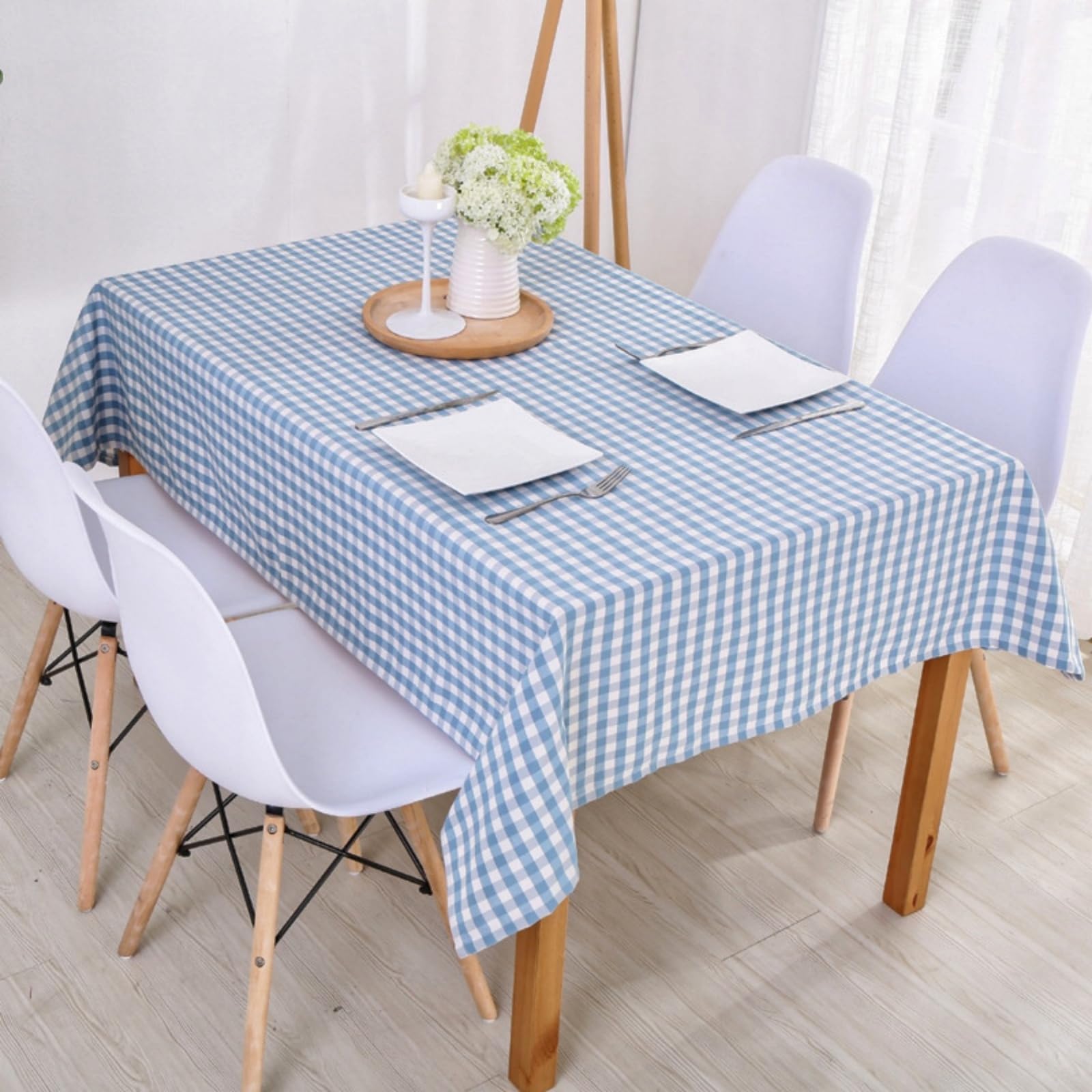 Wonhomke Simple Small Plaid Table cloth Polyester Cotton Tablecloth Square Tablecloth Rectangular Party Banquet Dining Table Cover (Light Blue, 140 * 200CM(55.1 * 78.7in))