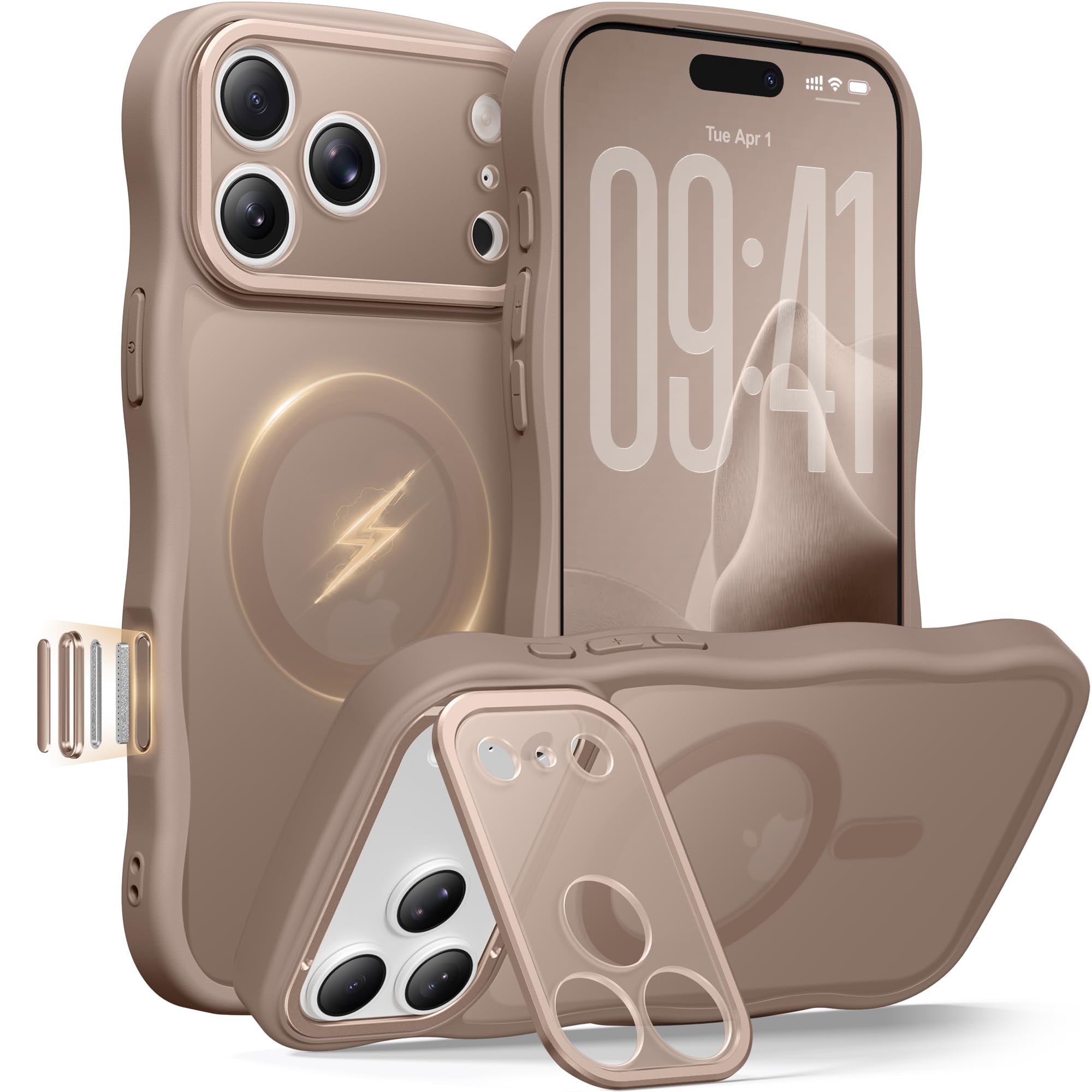 GolbinBox for iPhone 17 Pro Max Case with Stash Stand, Compatible with MagSafe, [Full Camera Protection] [Military Drop Protection] Scratch-Resistant Back Cover, Wave Matte Phone Cover, 6.9", Brown