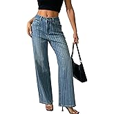 heipeiwa Women's Stripes Rhinestone Jeans High Waist Wide Leg Denim Pants Sparkle Shiny Sequin Trouser