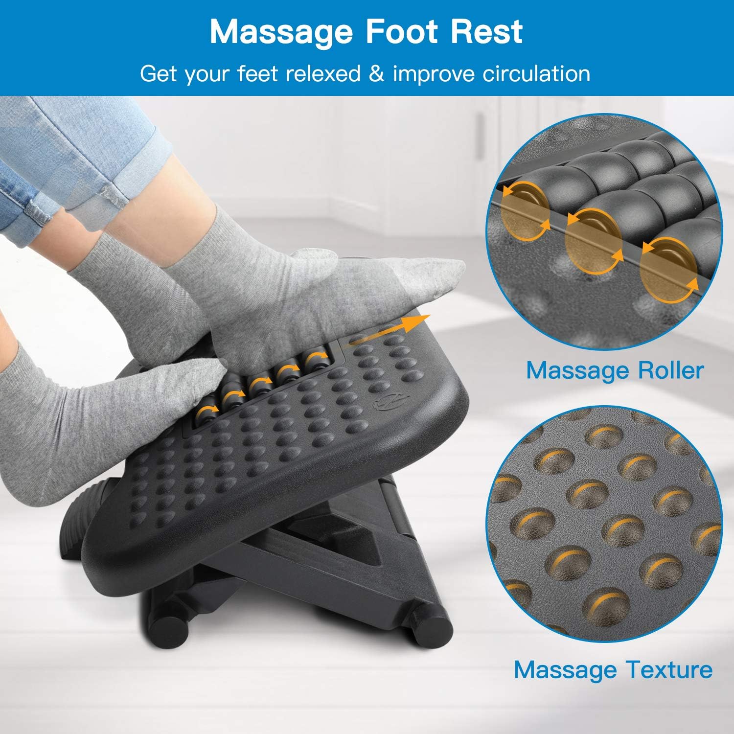 HUANUO Footrest Under Desk - Adjustable Foot Rest with Massage Texture and Roller, Ergonomic Foot Rest with 3 Height Position, 30 Degree Tilt Angle Adjustment for Home, Office : Office Products
