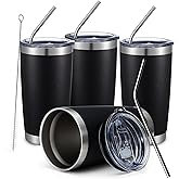 COMOOO 20oz Black Tumbler 4 Pack Stainless Steel Insulated Travel Mug with Lid and Straw Vacuum Double Wall Coffee Cup for Hot Beverage and Cold Drinks(Black, 4 Pack)