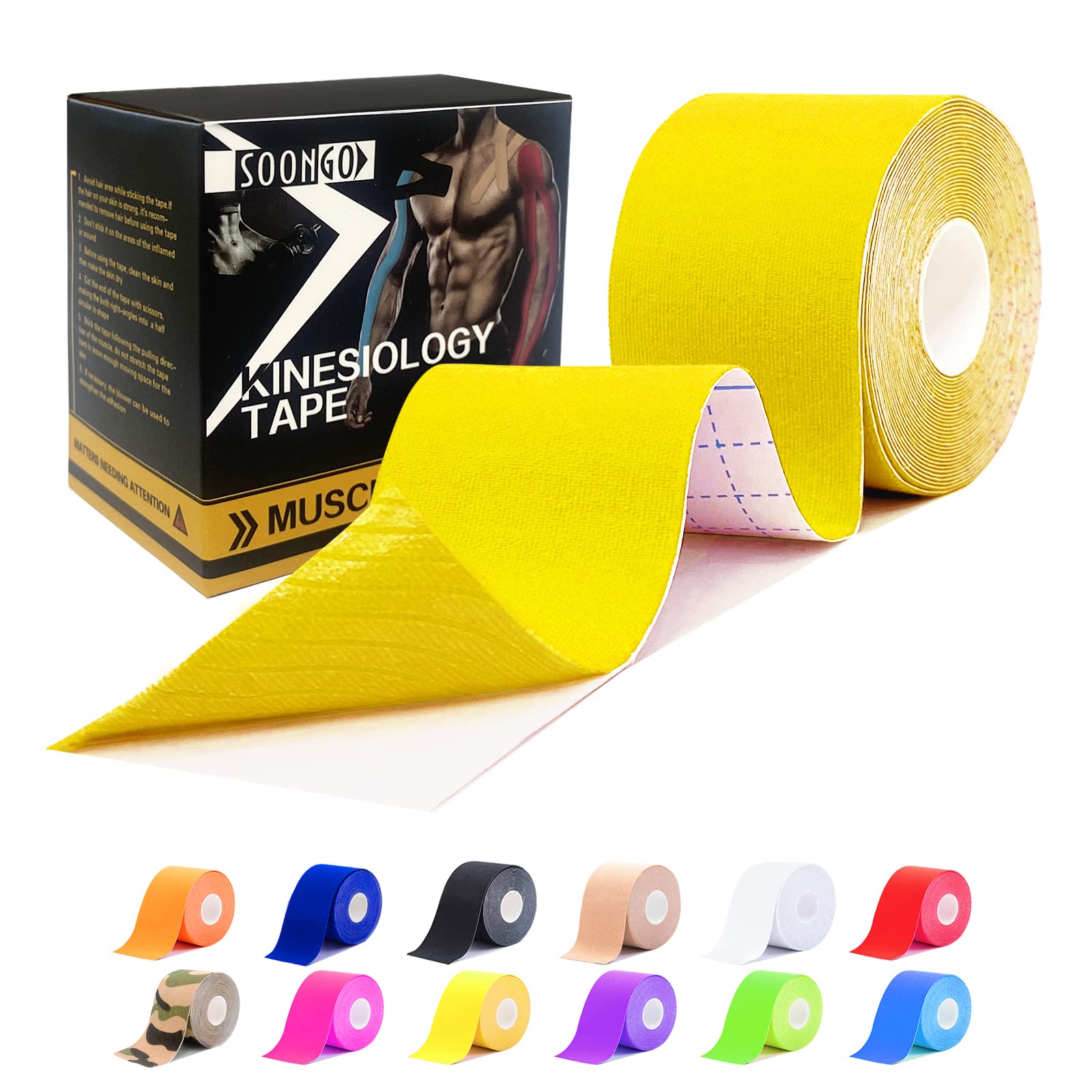 Kinesiology Tape Rock Tape Physio Tape 5m roll, Elastic Therapeutic Sports Tape for Shoulder, Ankle, Elbow, Wrist, Knee Support, Waterproof Physiotherapy Body Tape for Muscle Pain by SOONGO (Yellow)