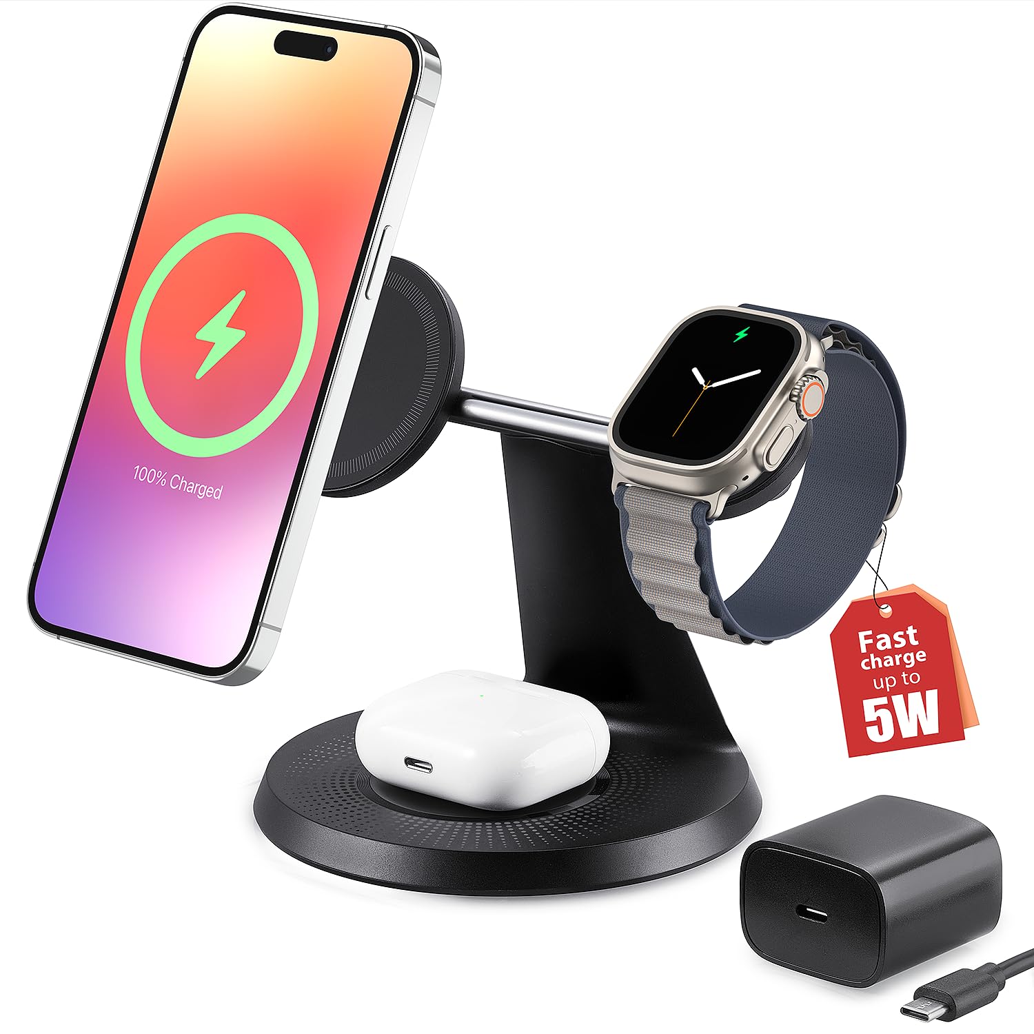 3 in 1 Wireless Charging Station for Apple Device: Fast Charging Station for iPhone and Watch with MagSafe, Stable Charger Stand for iPhone 12-16 & iWatch & AirPods Image