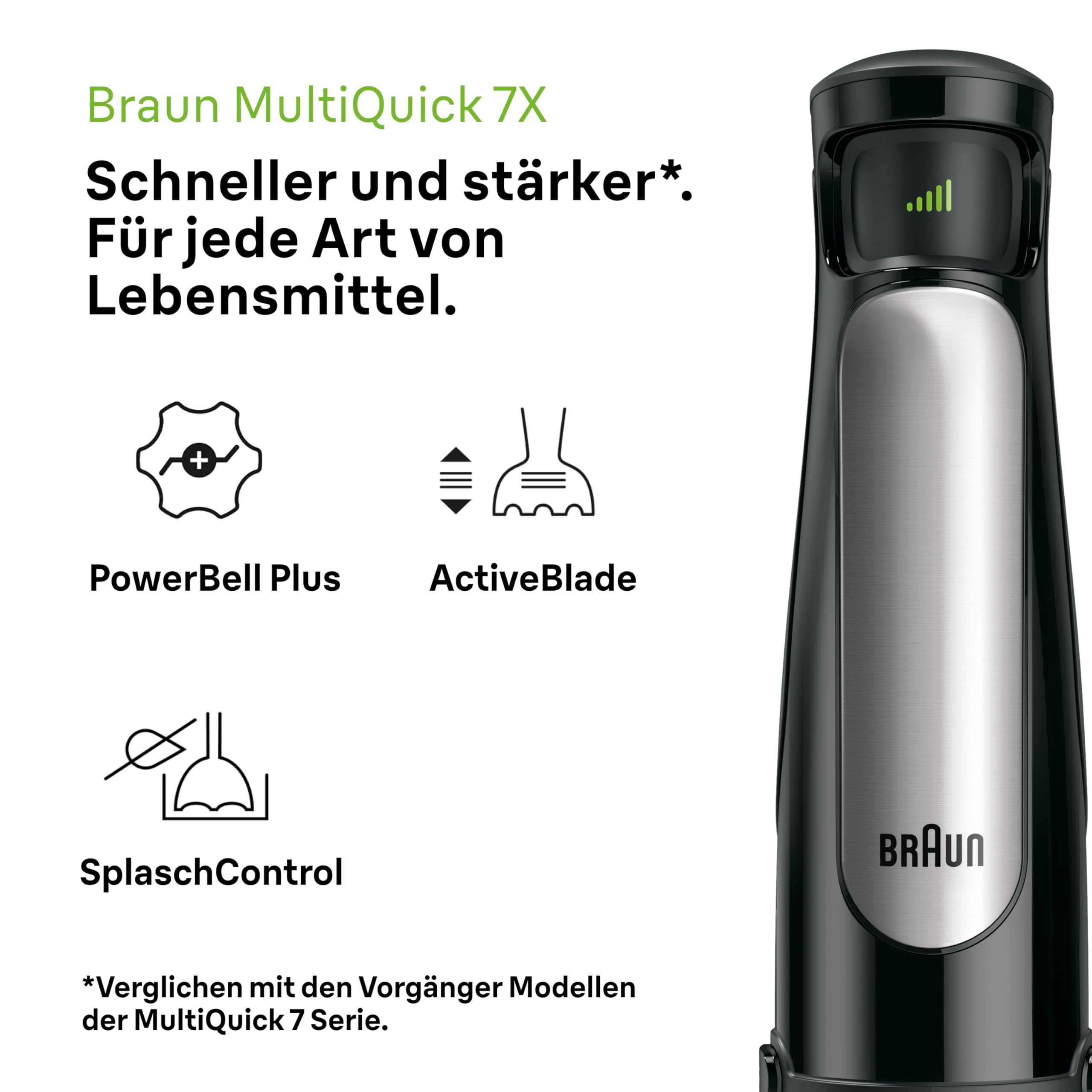 Braun MultiQuick 7 - Stabmixer mit SplashControl-Technologie, ActiveBlade System, Präzise Geschwindigkeitsregelung, 1,25L Standmixer, Zerkleinerer, Schneebesen, 600 ml Becher, 1000W, Schwarz (MQ7045X) 2