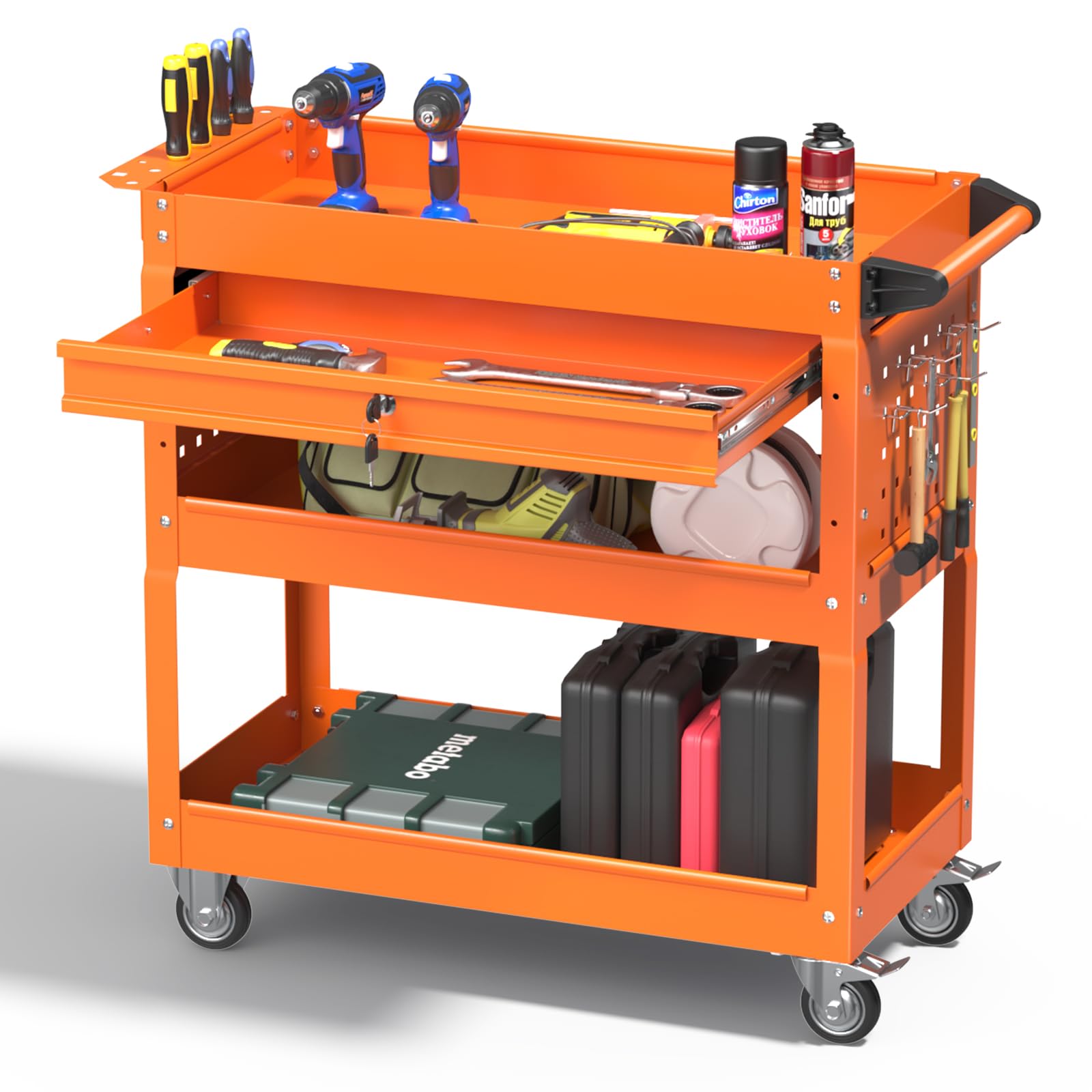 Pelnuies 3 Tray Tool Cart with Drawers, 400 LBS