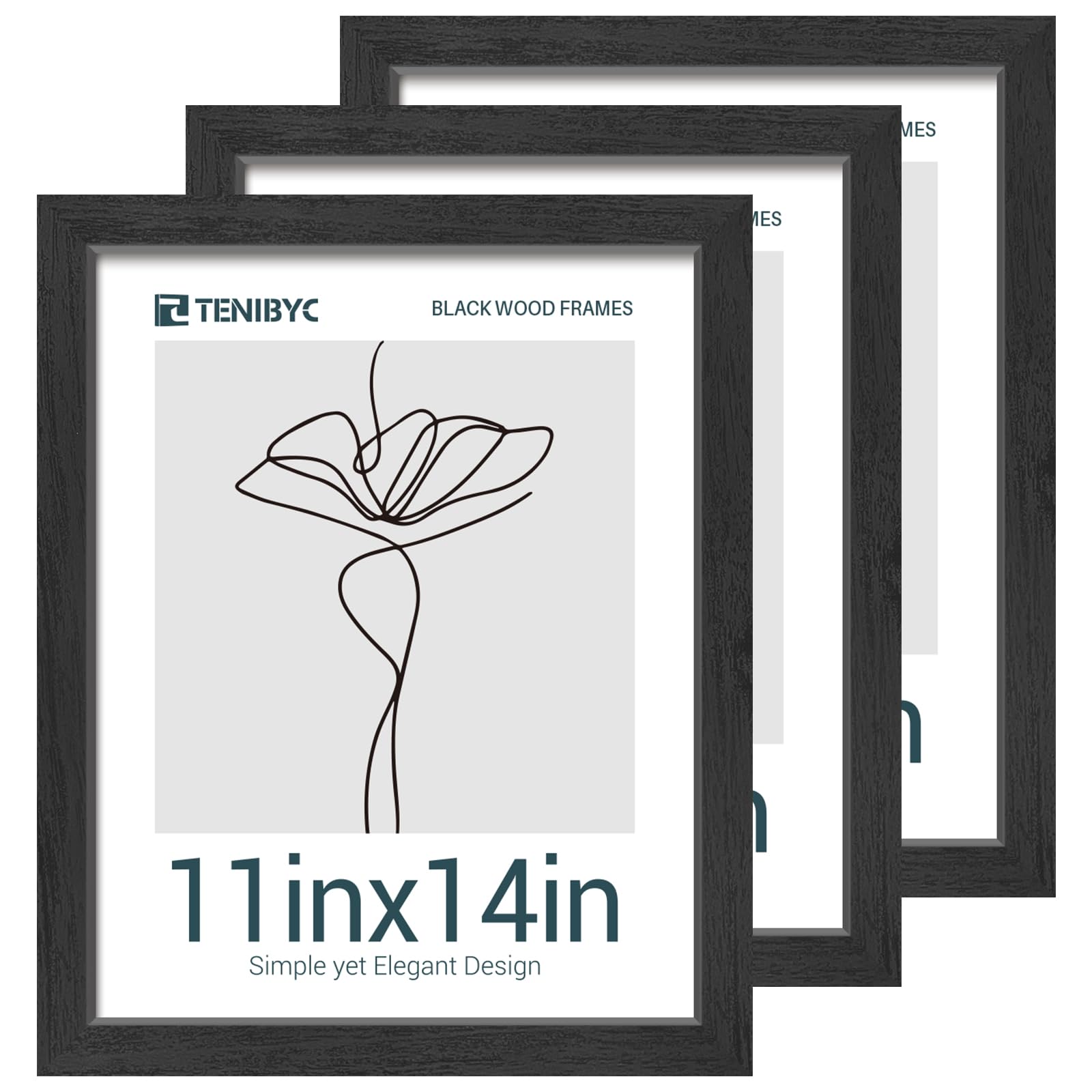 Photo 1 of 11x14 Picture Frames Set - 3 Pack - Black Solid Wood Poster Frame - Tempered Glass - Exclusive Woodgrain - Rooms, Offices, Gallery, Studio, and Hallway, Wall Display Decor