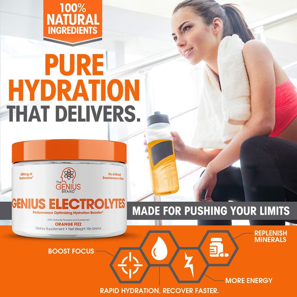 Genius Electrolyte Powder – Natural Hydration Booster | Endurance Supplement with Electrolytes (Potassium, Magnesium, Zinc) - Sugar Free, Vegan, Keto Friendly Energy - Orange Fizz (Drink Mix), 30 Sv: Health & Personal Care