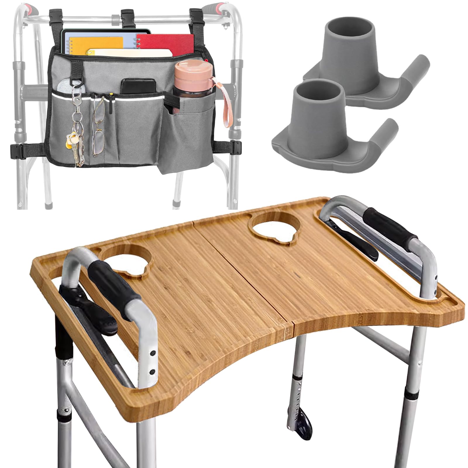 Photo 1 of Walker Tray & Storage Bag Combo with Cup Holder, Large Capacity, Water-Resistant, Bamboo Tray for Rolling Folding Walkers, Lightweight Walker Accessories for Seniors(2 Cup Holder, Grey Bag, Glides)