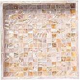 PEMAR 10" Mother of Pearl Catchall Tray for Coffee Table, Entryway, Nightstand. Square Serving Tray Wooden Luxury Decorative Handmade Eating Platters w Insert Handles (White Cream Squares Pattern)