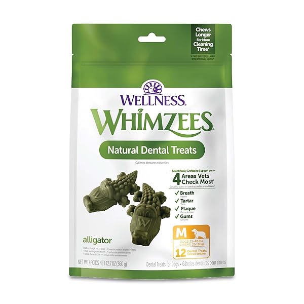 WHIMZEES WELLNESS ALLIGATOR DOG DENTAL TREATS, NATURAL CHEWS, MEDIUM SIZE, (12 COUNT)