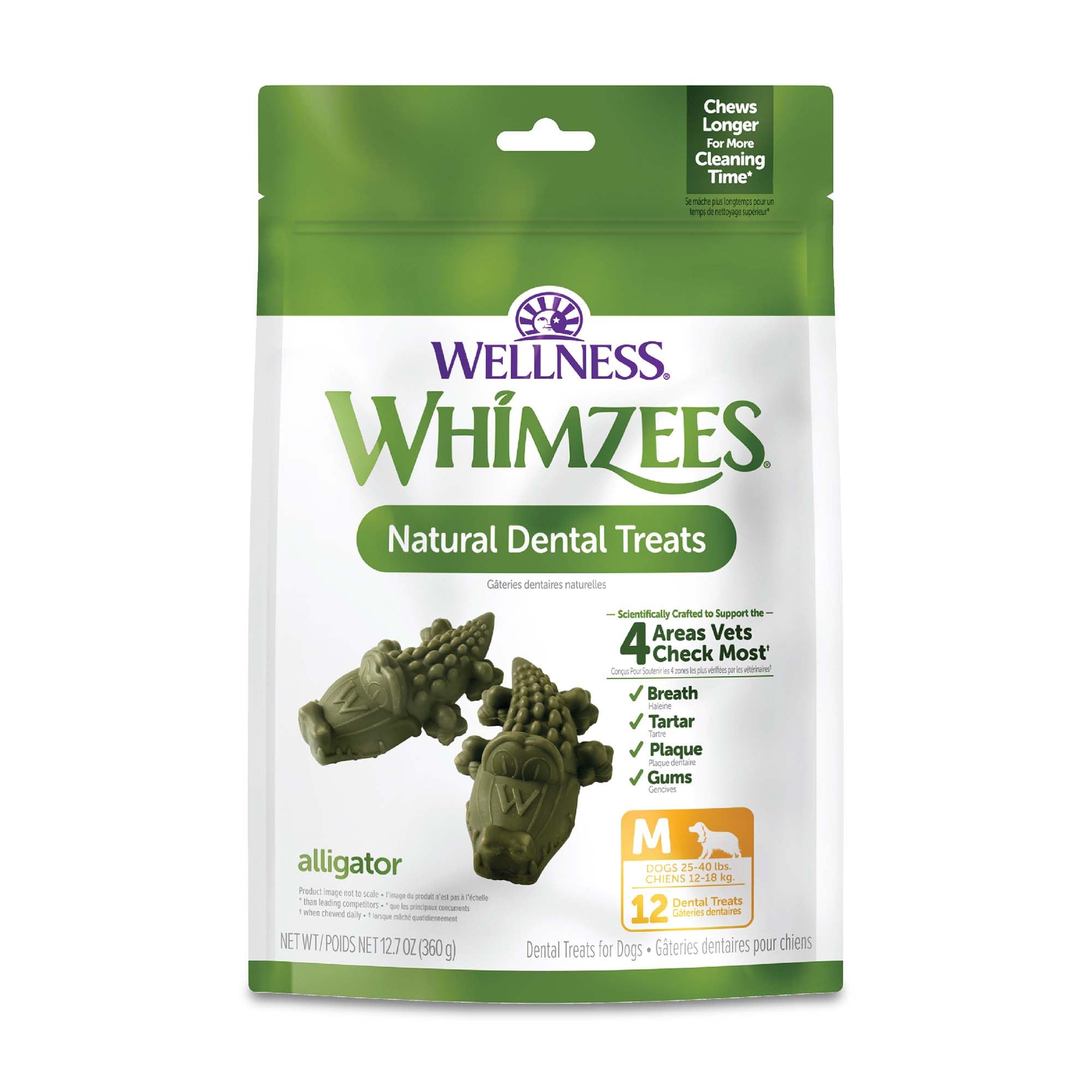 WHIMZEES by Wellness Alligator Natural Dental Chews for Dogs, Long Lasting Treats, Grain-Free, Freshens Breath, Medium Breed, 12 Count